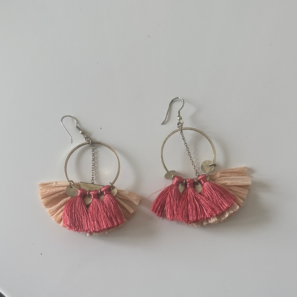 Pink and Cream Tassel Hoop Earrings